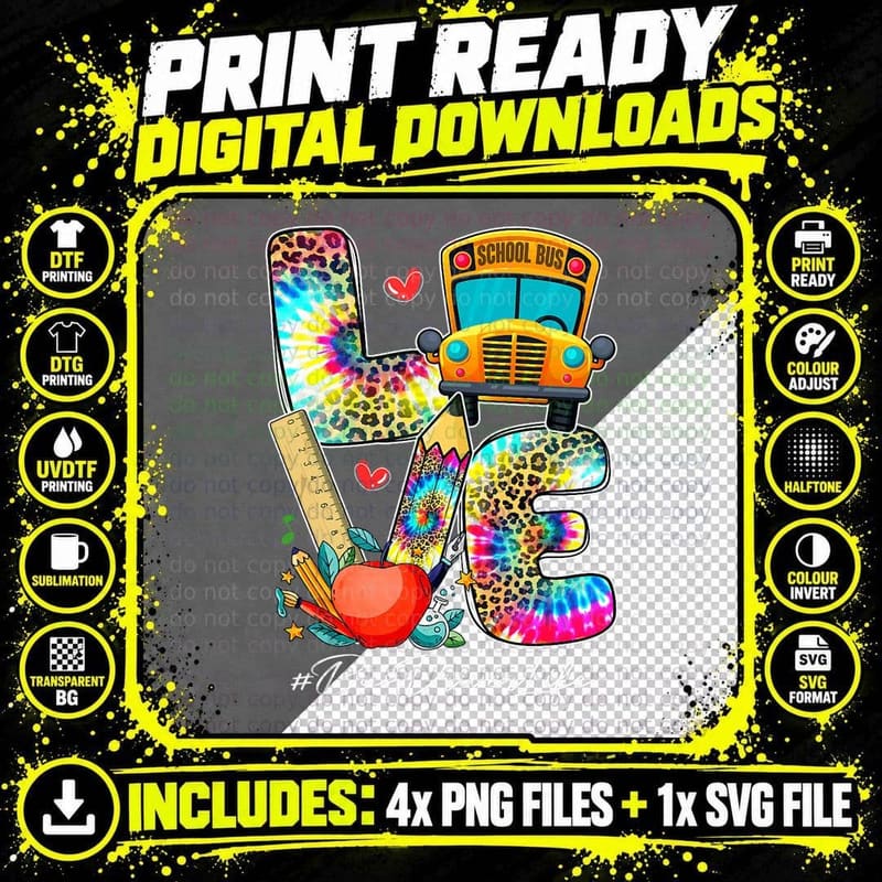 Retro Love Bus Driver Life Leopard & Tie Dye Back to Png SVG Digital Bundle