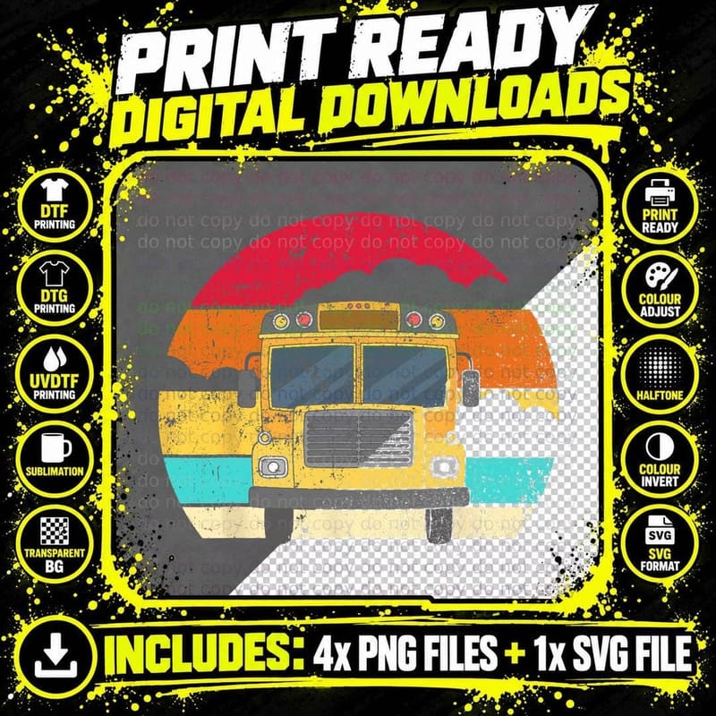Retro Yellow School Bus for School Bus Driver and Busman Png SVG Digital Bundle