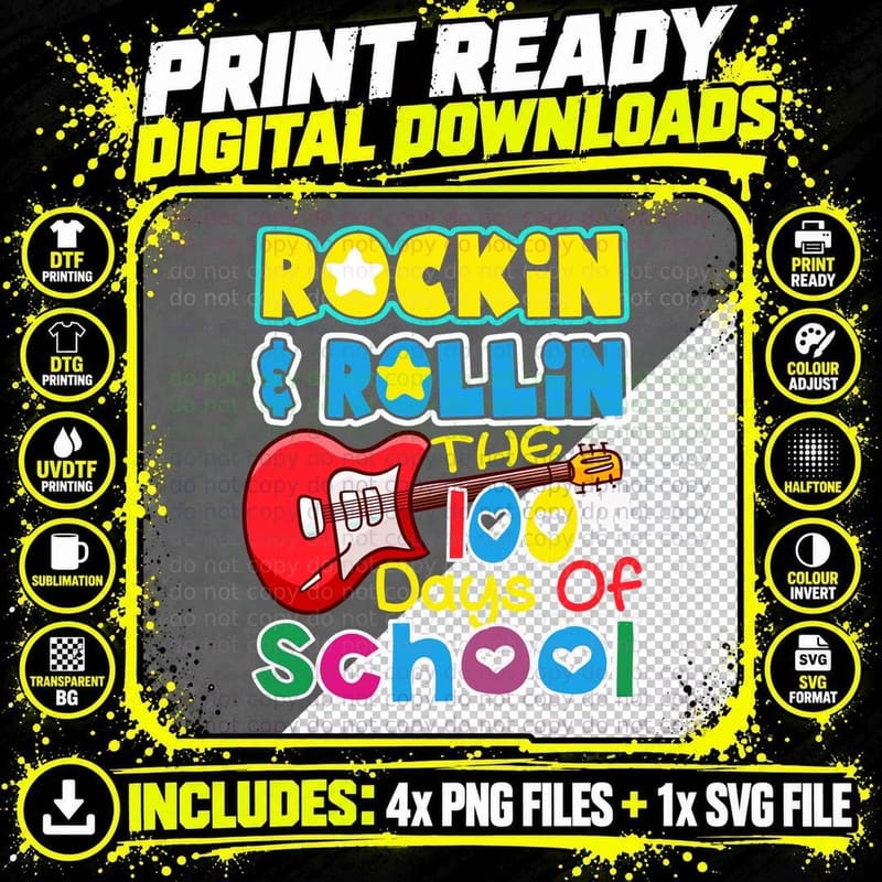 Rockin' & Rollin' 100 Days School T-Shirt, Music Theme Png SVG Digital Bundle