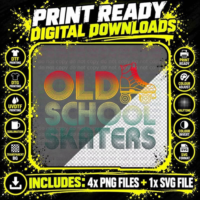 Roller Skates Old School Vintage Derby Funky 70's Party Png SVG Digital Bundle