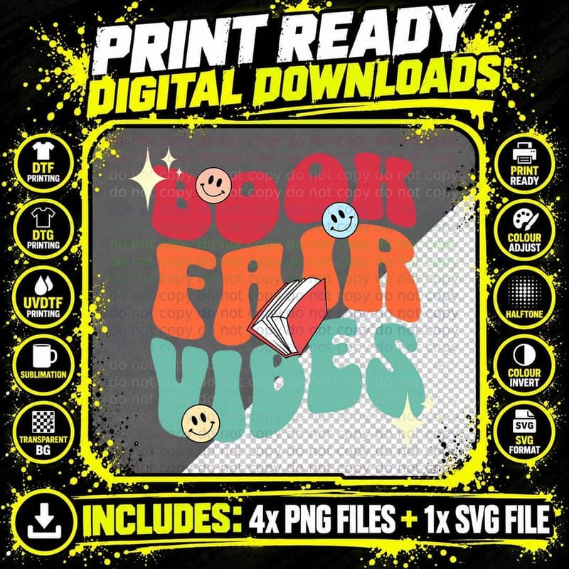 School Book Fair Vibe Groovy 70s Retro Reading Librarian Png SVG Digital Bundle