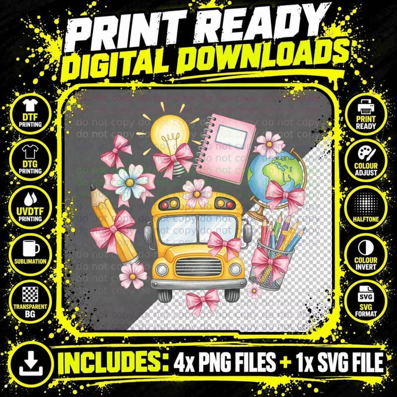 School Bus & Supplies with Bows Back to School T-Shirt Png SVG Digital Bundle