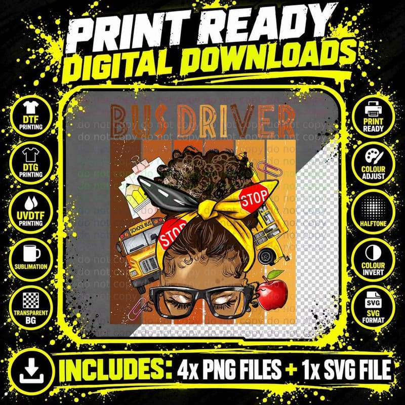 School Bus Driver Life Messy Bun Afro Arican Black Women Png SVG Digital Bundle