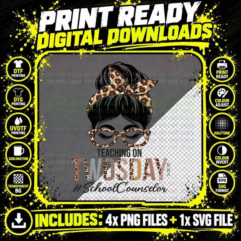 School Counselor Messy Bun Teaching on Twosday 22222 Png SVG Digital Bundle