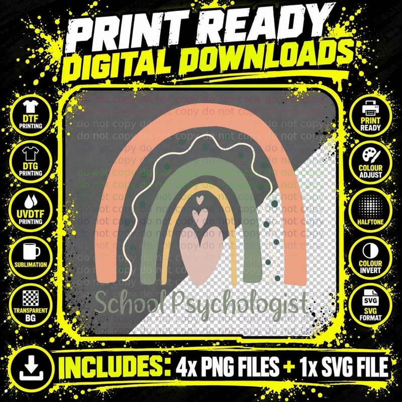 School Psychologist Rainbow Colored Heart - Cute Png SVG Digital Bundle