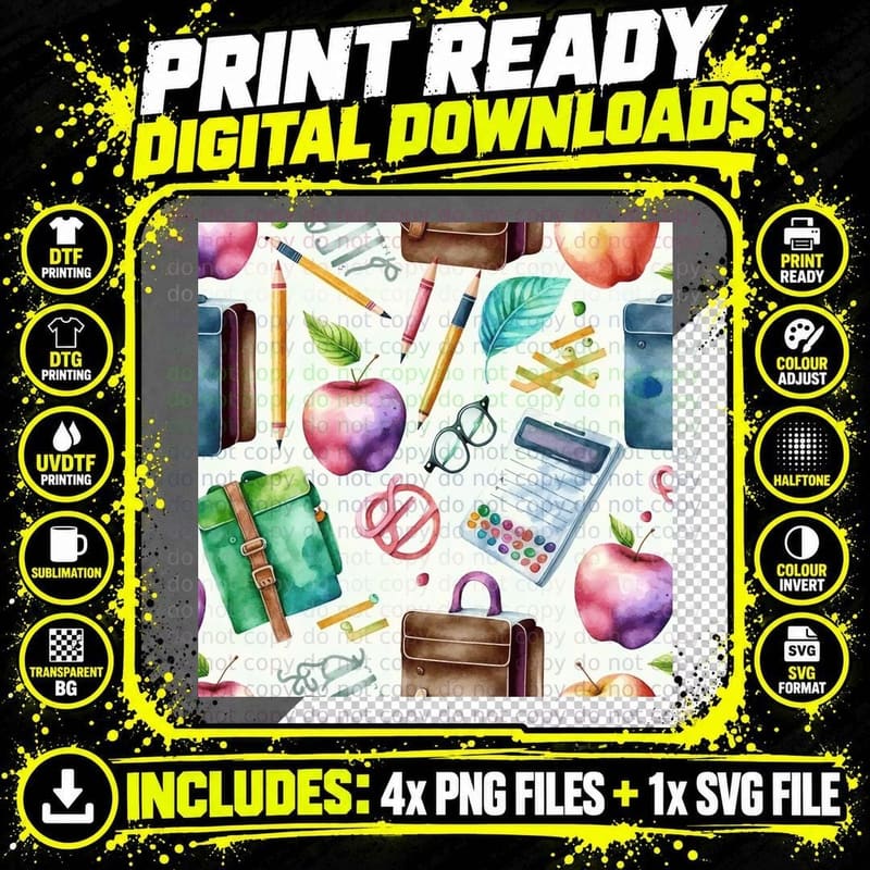 School Supplies & Apples Pattern Back to School Art Png SVG Digital Bundle