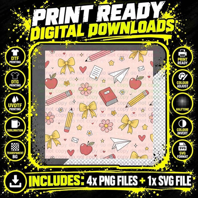 School Supplies & Bows on Pink Back to School T-Shirt Png SVG Digital Bundle
