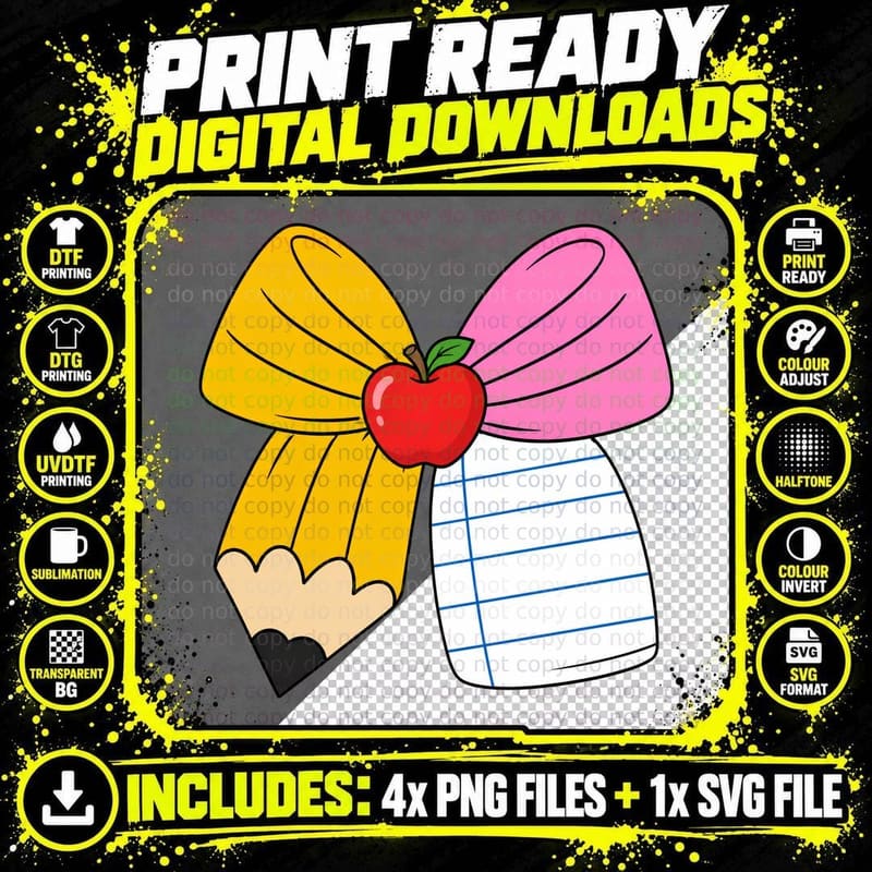School Supplies Bowtie Design School Grade Level T-Shirt Png SVG Digital Bundle