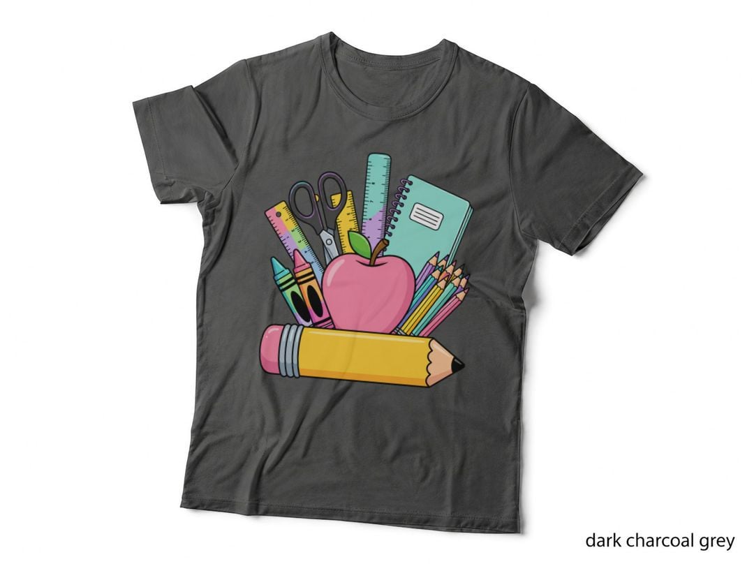 School Supplies Pile with Apple Back to School T-Shirt