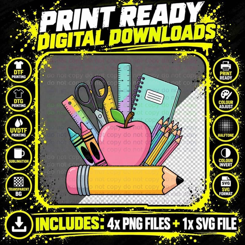 School Supplies Pile with Apple Back to School T-Shirt Png SVG Digital Bundle