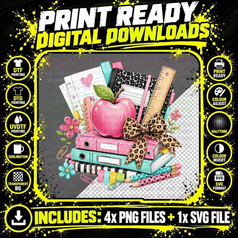 School Supplies Stack with Pink Apple Back to School Png SVG Digital Bundle