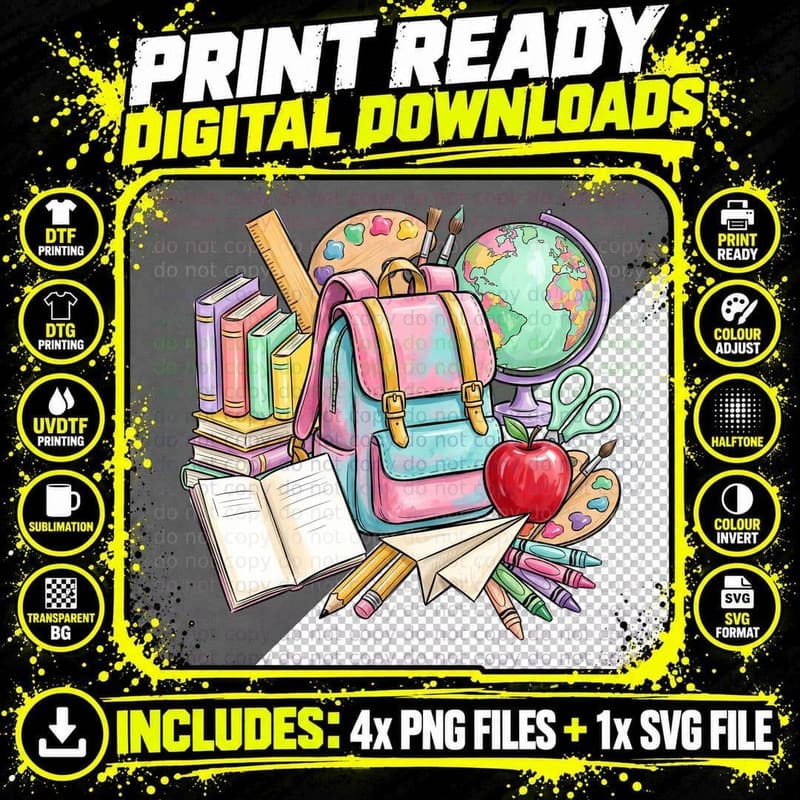 School Supplies and Backpack Back to School T-Shirt Png SVG Digital Bundle