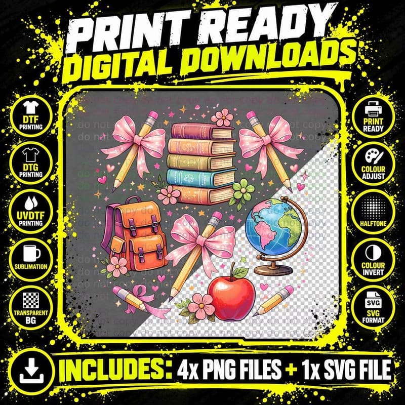 School Supplies in Pink Theme Back to School T-Shirt Png SVG Digital Bundle
