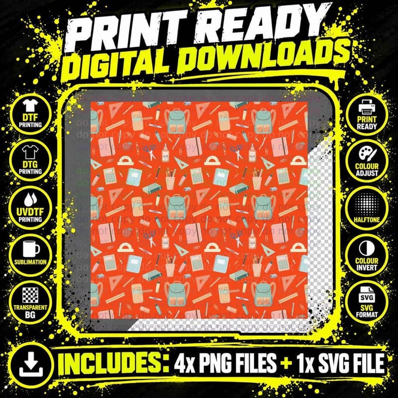 School Supplies on Orange Background Back to School Png SVG Digital Bundle