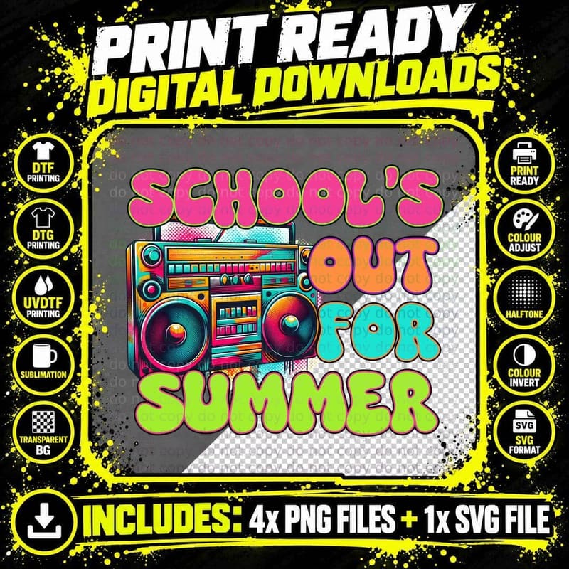 School's Out for Summer T-Shirt, Retro Boombox Summer Png SVG Digital Bundle