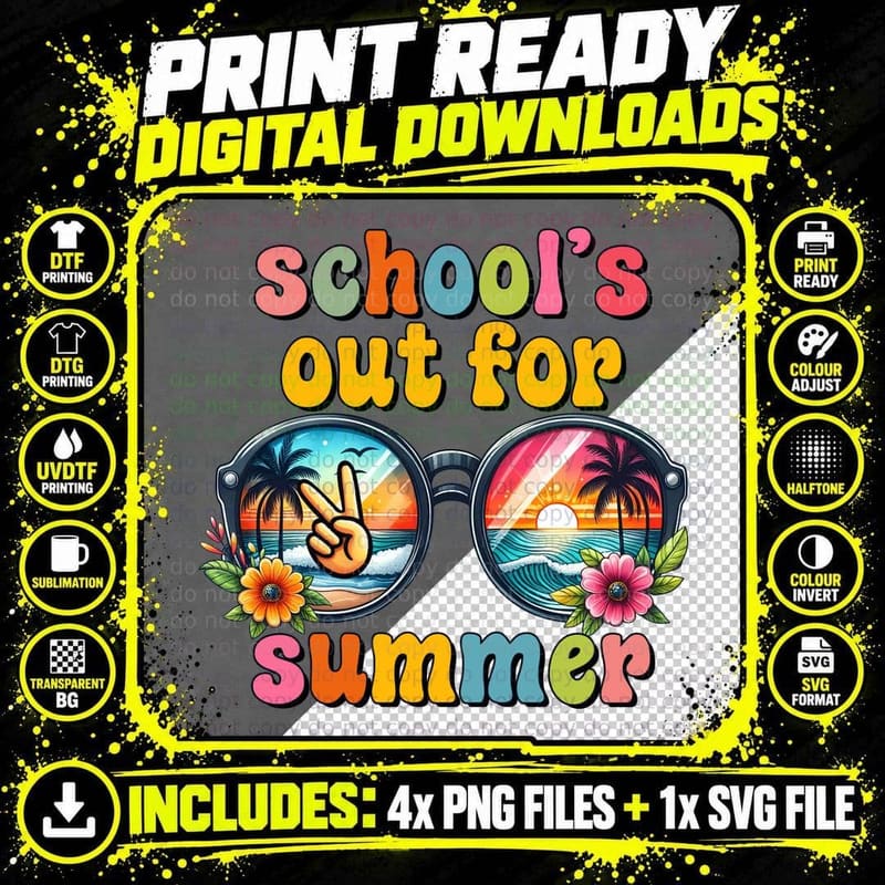 School's Out for Summer T-Shirt, Sunglasses Beach Palm Png SVG Digital Bundle