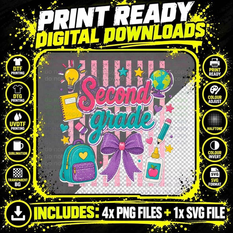 Second Grade School Grade Level T-Shirt Png SVG Digital Bundle