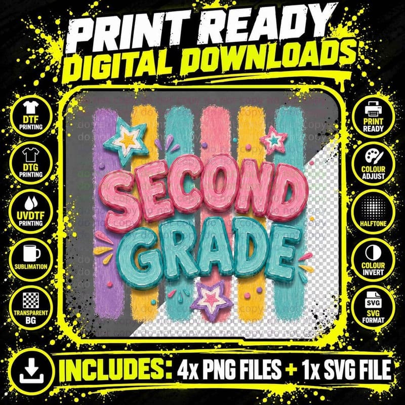 Second Grade School Grade Level T-Shirt Png SVG Digital Bundle