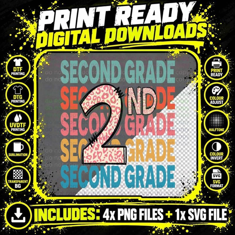 Second Grade School Grade Level T-Shirt Png SVG Digital Bundle