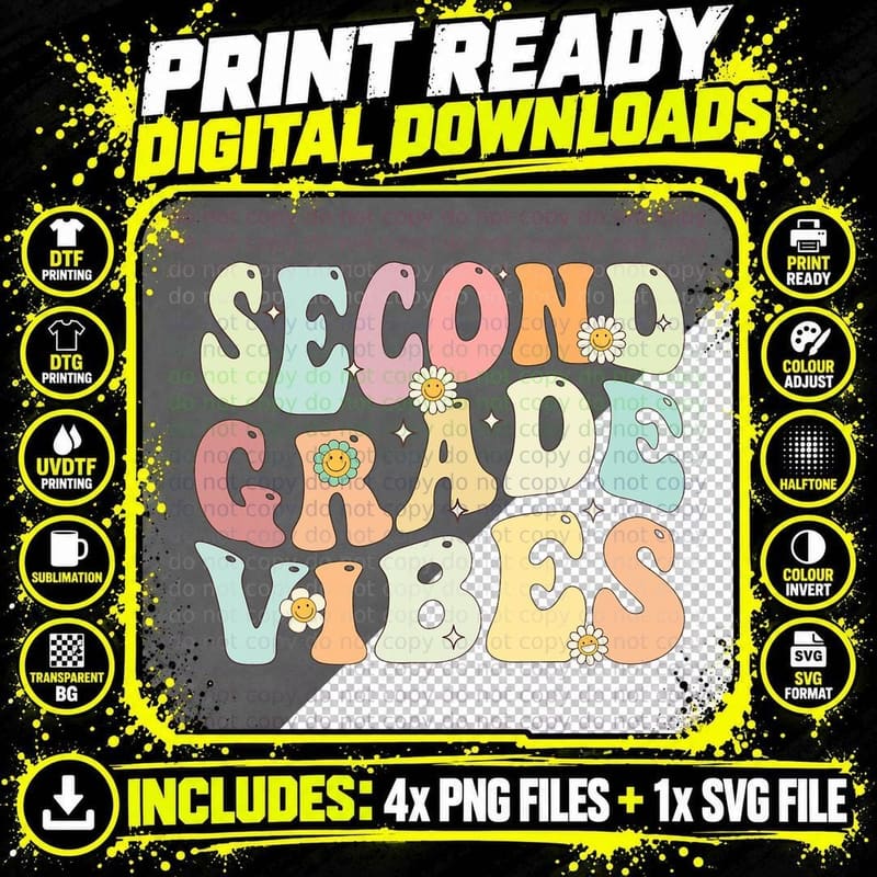 Second Grade Vibes Groovy Retro Back to School Teachers Png SVG Digital Bundle