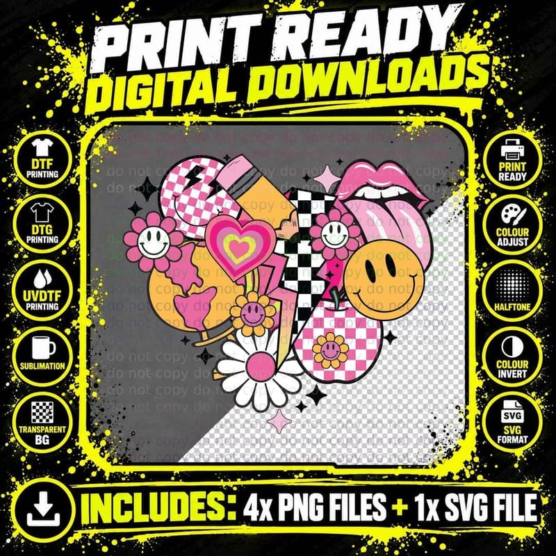 Smiley Face Flowers Checkered Heart Back to School Png SVG Digital Bundle