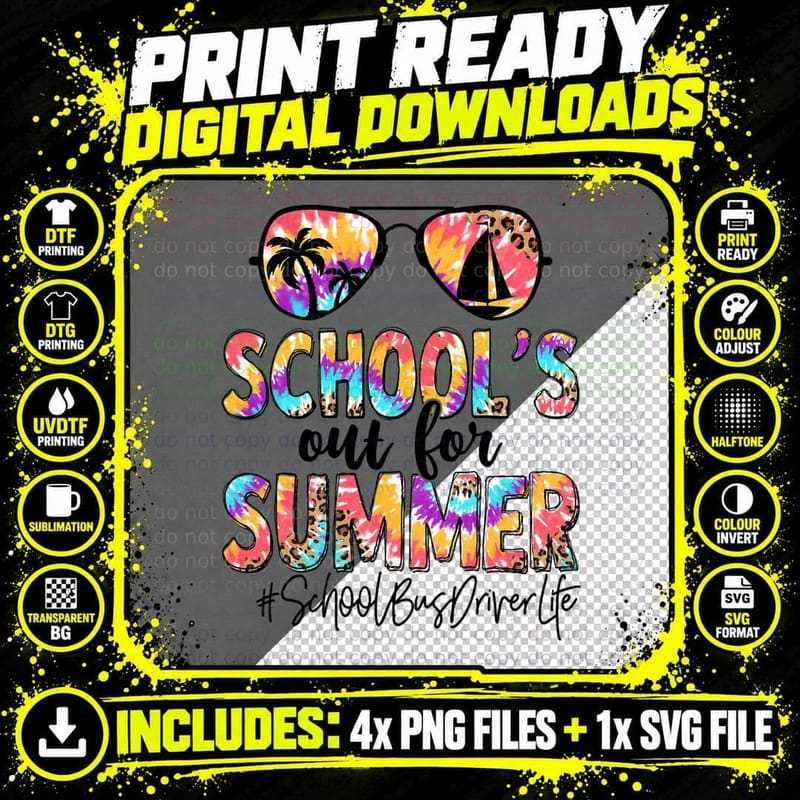 Summer School Bus Driver Day Out for Summer Tie Dye Png SVG Digital Bundle