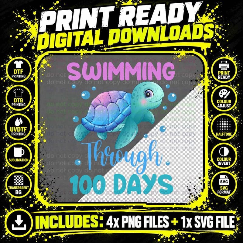 Swimming Through 100 Days Cute Turtle 100th Day of Png SVG Digital Bundle