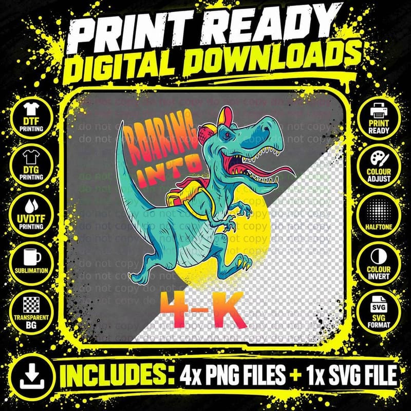 T-Rex Roaring into 4-K Dino Back to School Boy Girl 4K Png SVG Digital Bundle