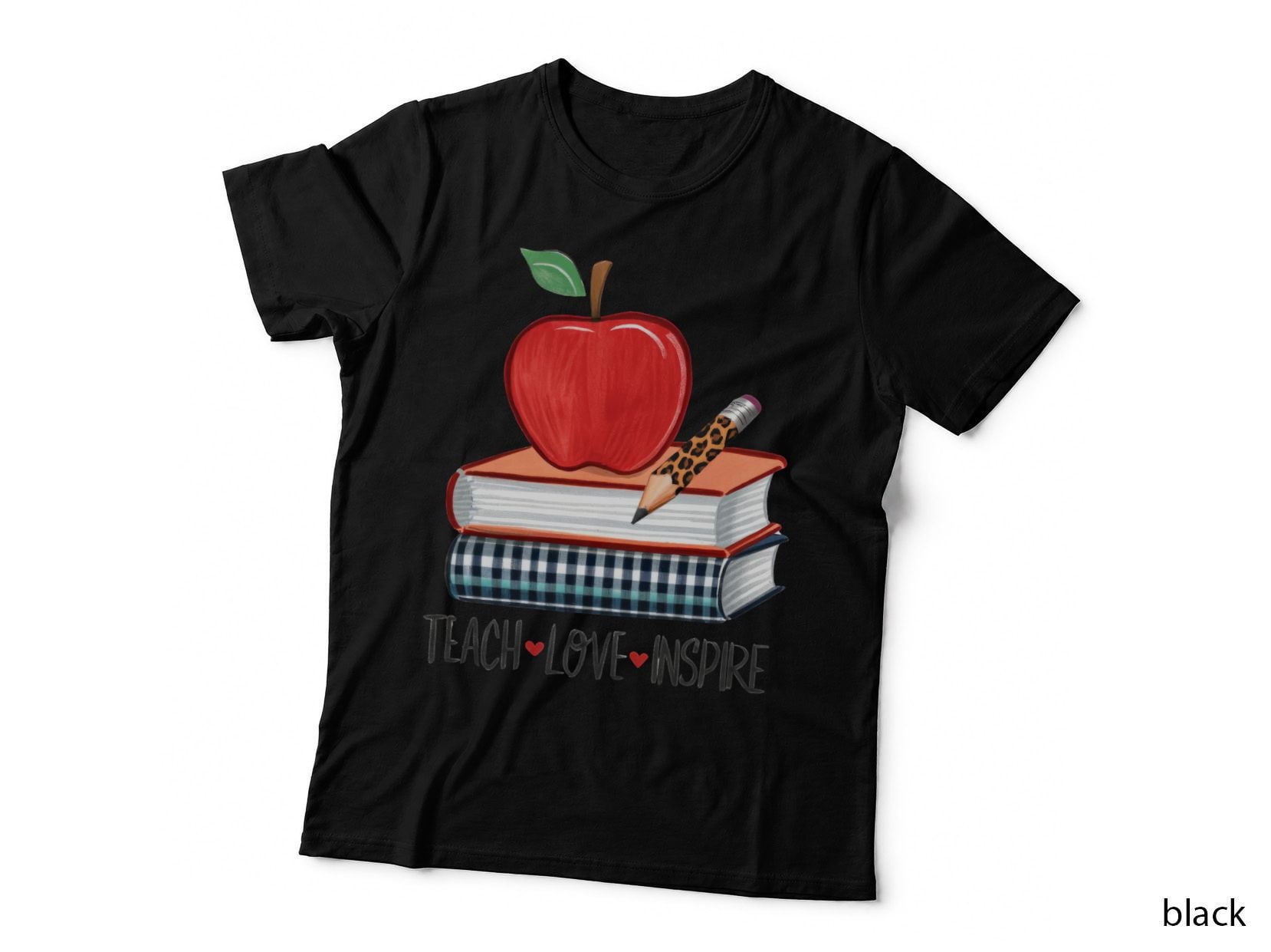 Teach Love Inspire Back to School T-Shirt, Apple on Books with Pencil Graphic