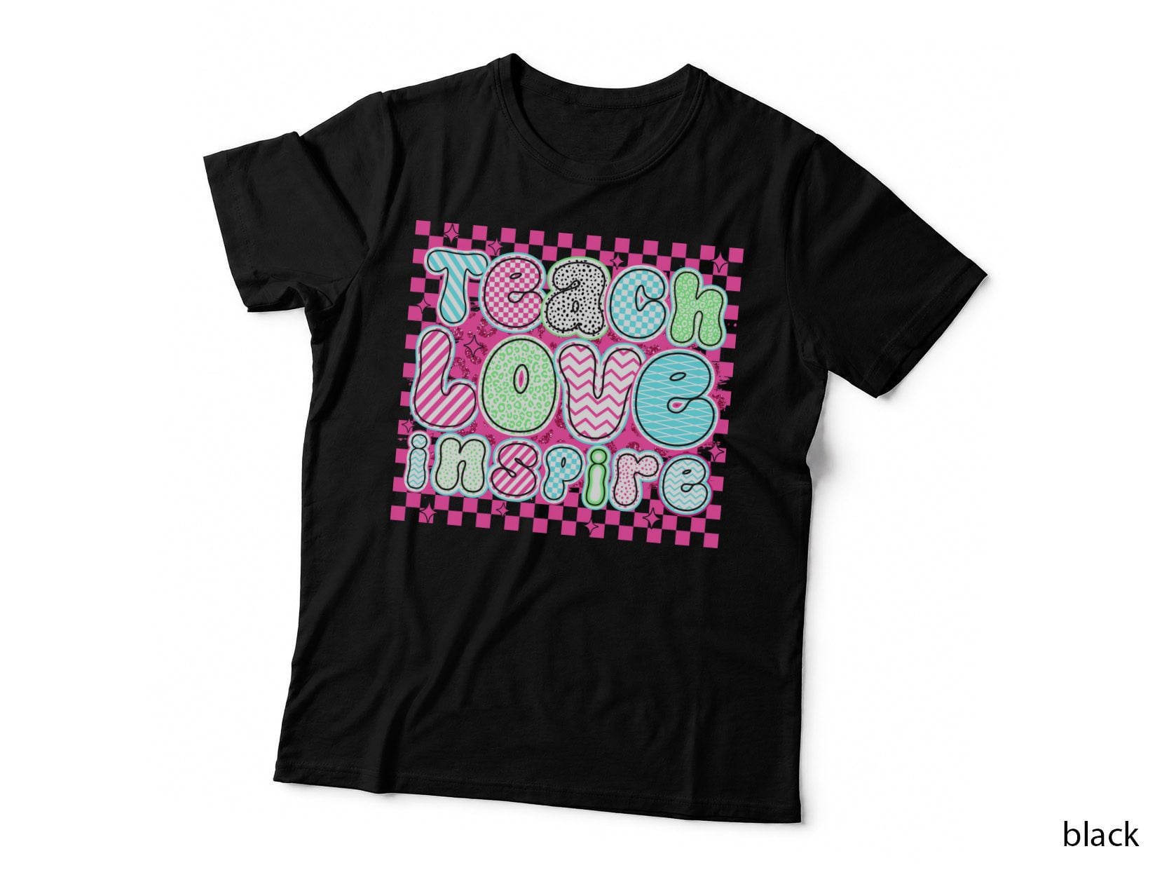 Teach Love Inspire Back to School T-Shirt, Colorful Patterned Letters on Pink