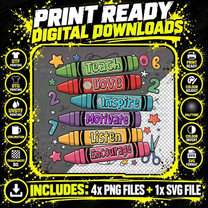 Teach Love Inspire Motivate Listen Encourage Back to Png SVG Digital Bundle