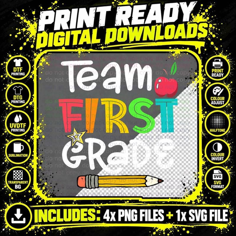 Team First Grade Pencil Apple Back to School Students Png SVG Digital Bundle
