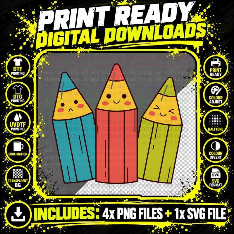 Three Happy Pencils in Blue Red Yellow Back to School Png SVG Digital Bundle