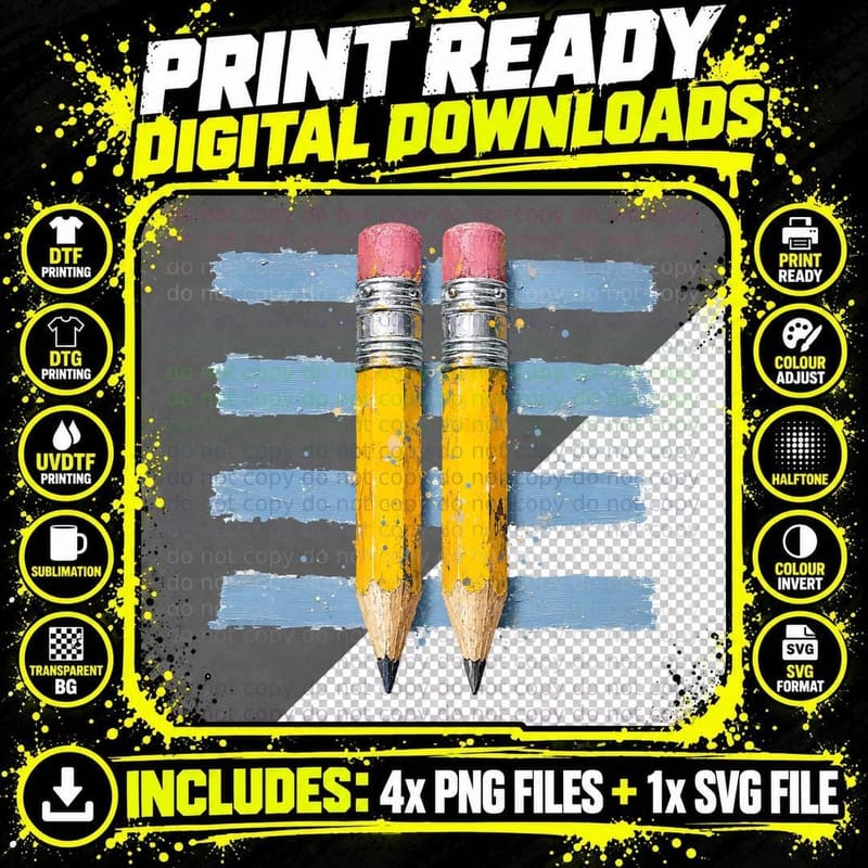 Two Yellow Pencils with Pink Erasers Back to School Png SVG Digital Bundle
