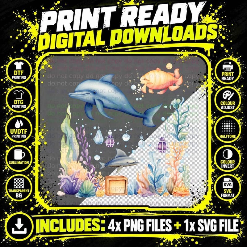 Underwater Dolphins and Sea Life Back to School T-Shirt Png SVG Digital Bundle