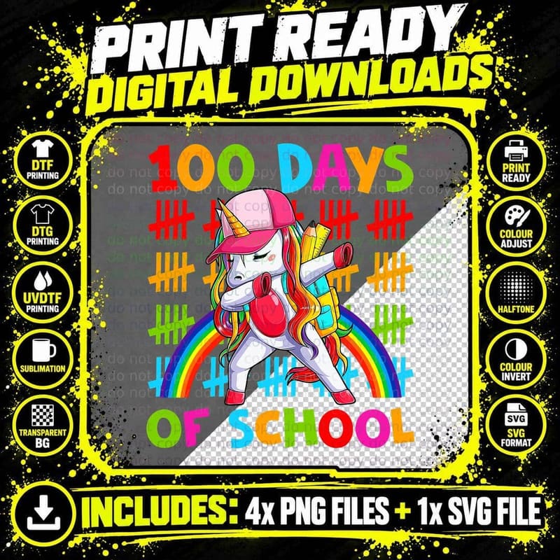 Unicorn Dab Dabbing 100th Day of School 100 Days Girl Png SVG Digital Bundle