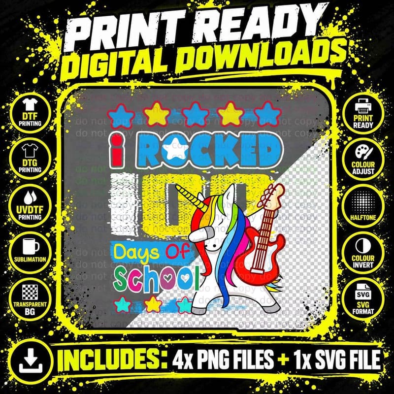 Unicorn Rocker 100 Days School T-Shirt Png SVG Digital Bundle