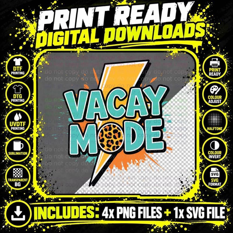 Vacay Mode Back to School T-Shirt, Vibrant Lightning Png SVG Digital Bundle