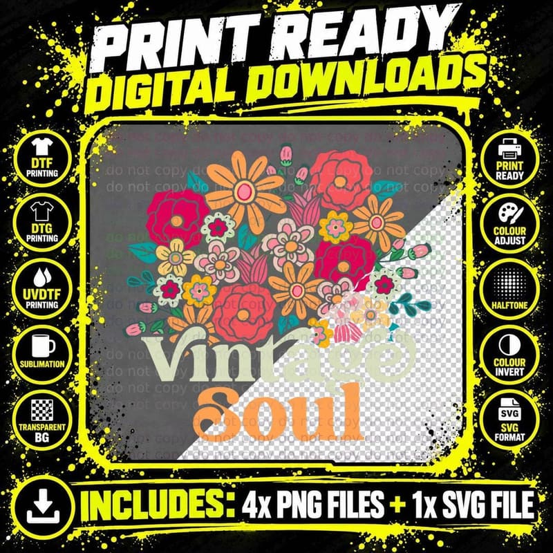 Vintage Soul Retro 70s 80s 90s Old School T-Shirt Png SVG Digital Bundle