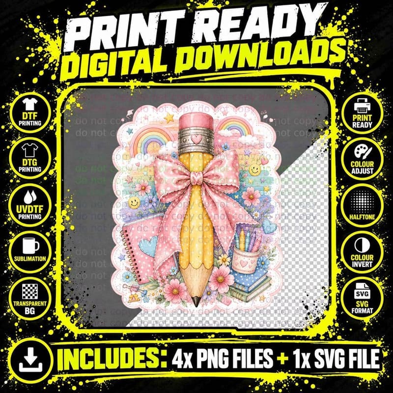 Whimsical Pencil with Bow and Flowers Back to School Png SVG Digital Bundle