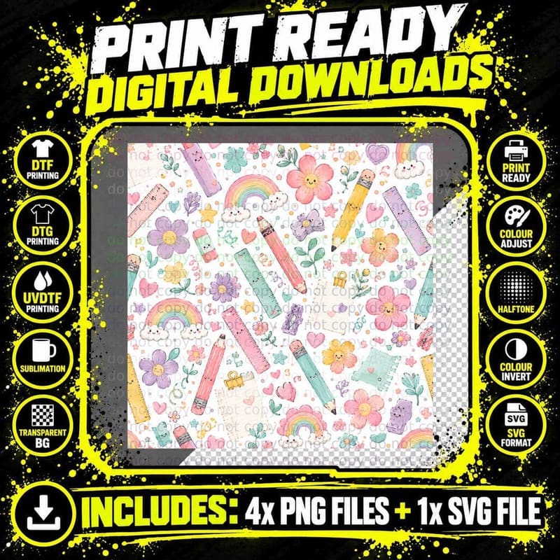 Whimsical School Supplies Pattern Back to School T-Shirt Png SVG Digital Bundle