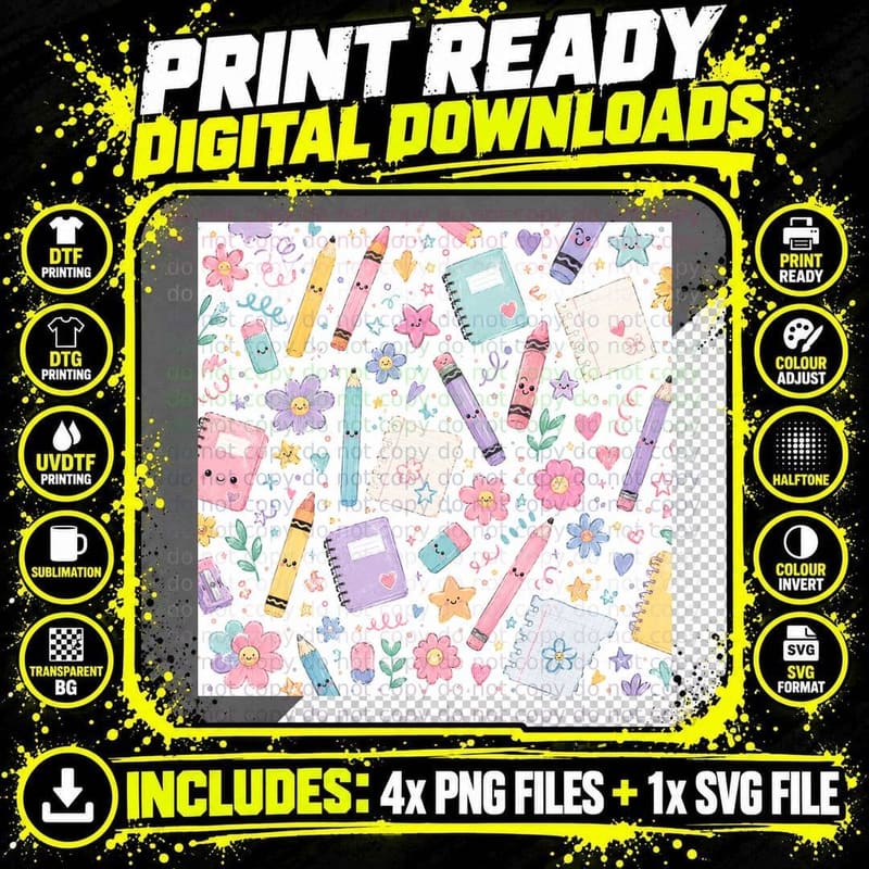 Whimsical Stationery Pattern Back to School T-Shirt Png SVG Digital Bundle