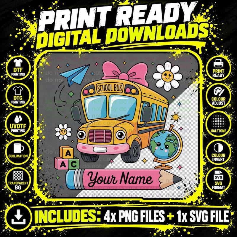 Your Name Back to School T-Shirt, School Bus with Png SVG Digital Bundle