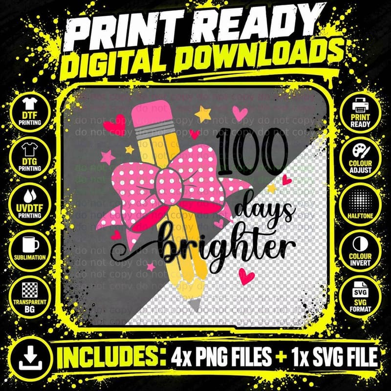 100 Days Brighter 100th Day of School Cute Girls Kid Png SVG Digital Bundle