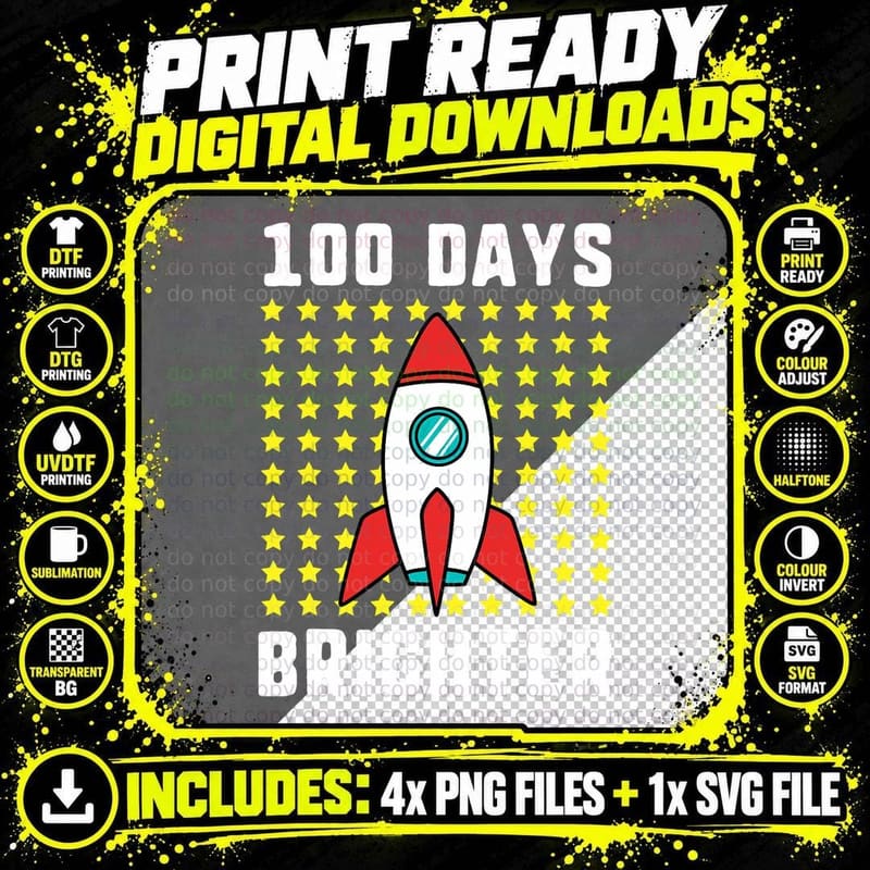 100 Days Brighter Stars Rocket 100th Day of School Boys Png SVG Digital Bundle