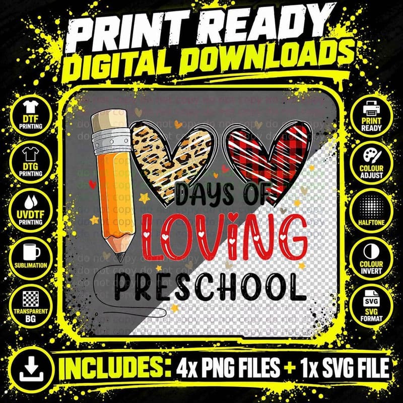 100 Days of Loving Preschool Heart 100th Day of School Png SVG Digital Bundle