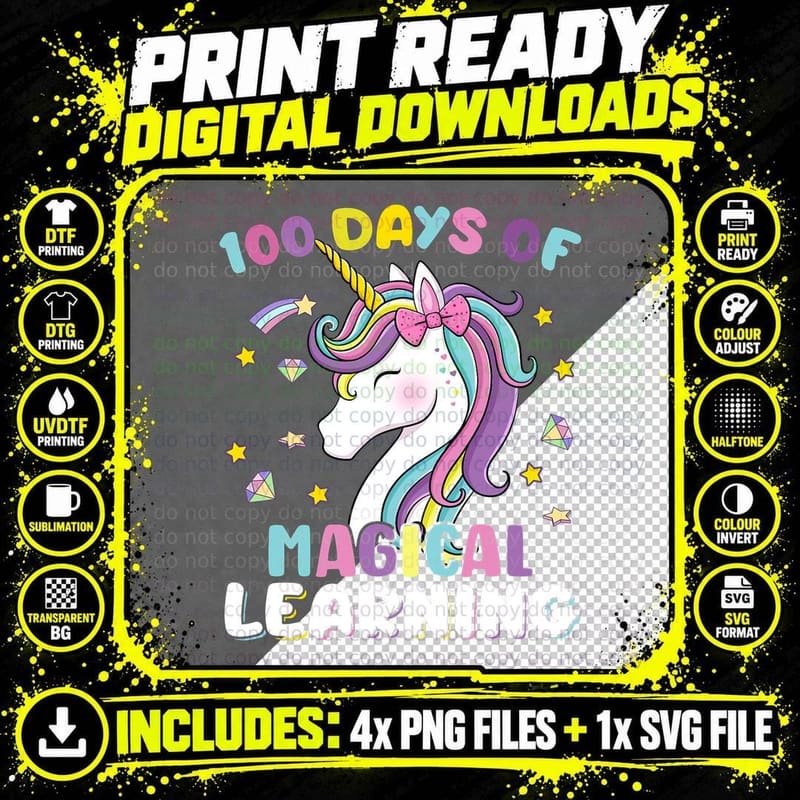 100 Days of Magical Learning Unicorn 100th Day School Png SVG Digital Bundle