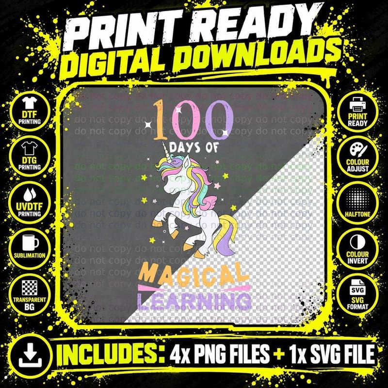 100 Days of Magical Learning Unicorn Magic School Girls Png SVG Digital Bundle