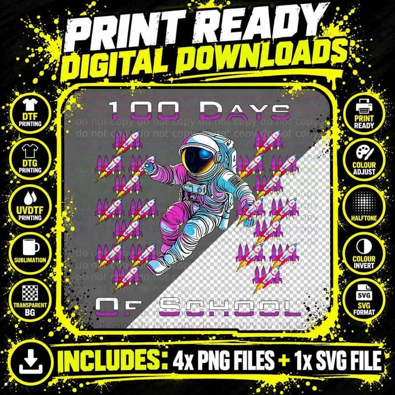 100 Hundred Days of School Astronauts and Space Rockets Png SVG Digital Bundle