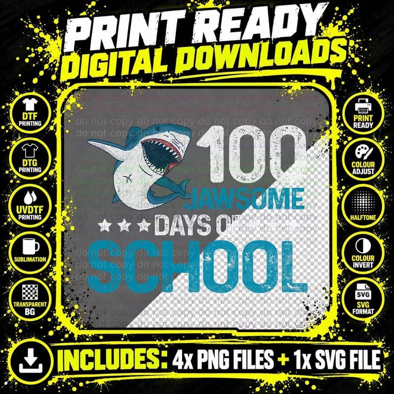 100 Jawsome Days School 100th Day Kids Boys Vintage Png SVG Digital Bundle